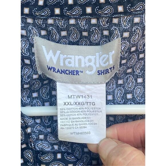 Wrangler Rancher Shirt Men’s XXL Pearl Snap Long Sleeve Western Shirt Navy Paisl - Picture 5 of 5